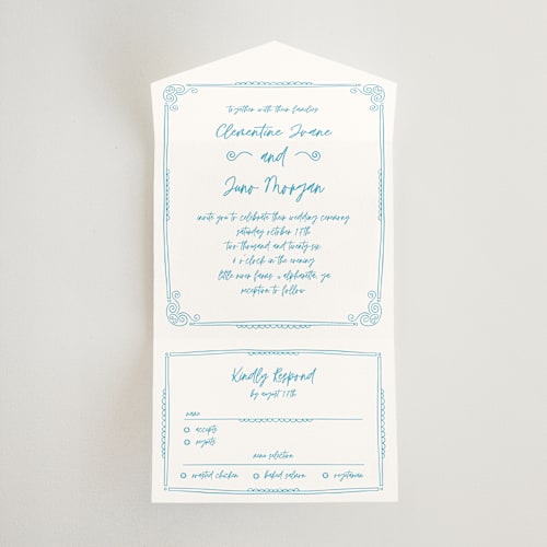 This is a azure all in one wedding invitations with standard by Kelly Watkins called darby printing on strathmore in all-in-one