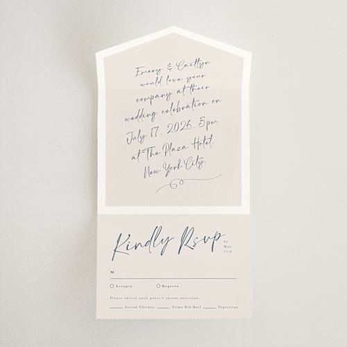 This is a champagne all in one wedding invitations with standard by Adelyn T. called ink scribble printing on signature in all-in-one