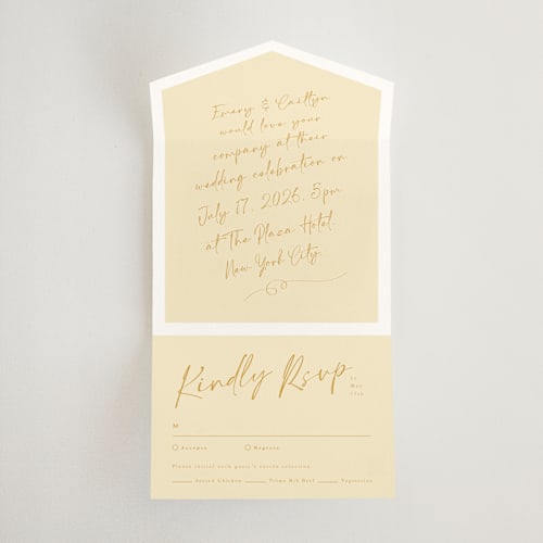 This is a honey all in one wedding invitations with standard by Adelyn T. called ink scribble printing on value cover in all-in-one