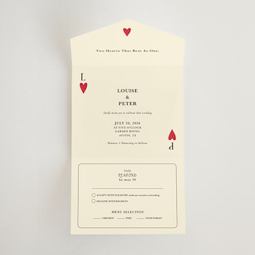 This is a champagne all in one wedding invitations with standard by Helena Vitto called red hearts printing on strathmore in all-in-one
