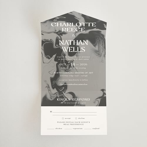 This is a iron all in one wedding invitations with standard by Kimberley Henze called marbled agate printing on strathmore in all-in-one