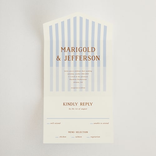 This is a wave all in one wedding invitations with standard by Kelly Watkins called stripes printing on strathmore in all-in-one