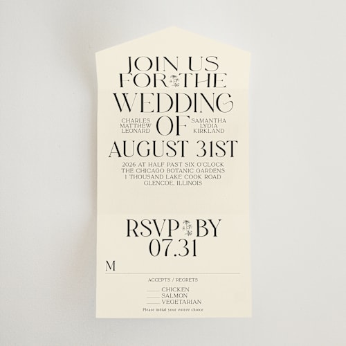 This is a cream all in one wedding invitations with standard by Baumbirdy called floral emblem printing on strathmore in all-in-one