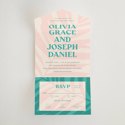 This is a flamingo all in one wedding invitations with standard by Pixel and Hank called the palm printing on strathmore in all-in-one