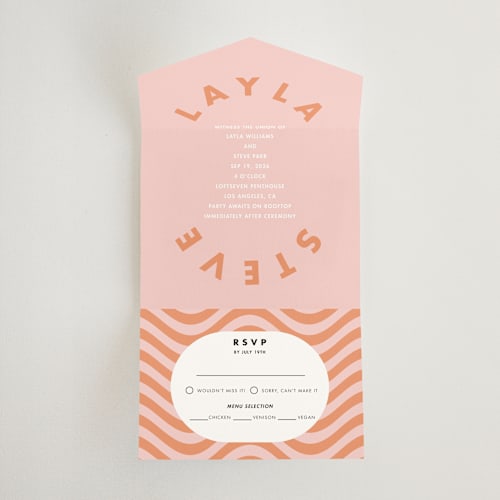 This is a candy all in one wedding invitations with standard by Catherine Culvenor called bubblegum printing on strathmore in all-in-one