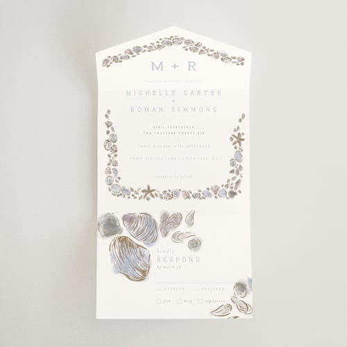 This is a ocean all in one wedding invitations with standard by Shiny Penny Studio called rocky seaside frame printing on strathmore in all-in-one