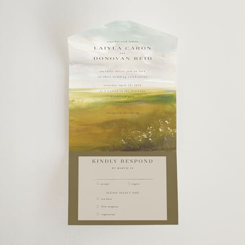 This is a fern all in one wedding invitations with standard by Lindsay Megahed called savanna printing on strathmore in all-in-one