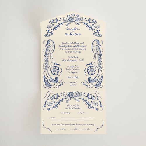 This is a marseille bleu all in one wedding invitations with standard by Ani Somi called santa catalina printing on strathmore in all-in-one