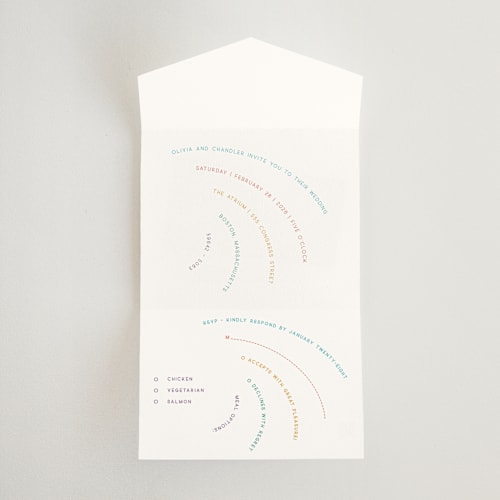 This is a light hearted all in one wedding invitations with standard by Deborah Chou called rainbow 2.0 printing on strathmore in all-in-one