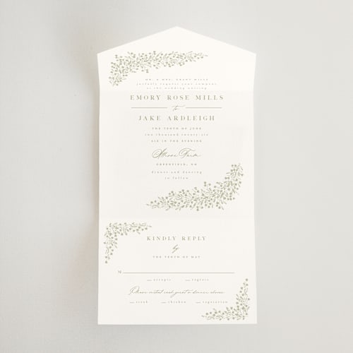 This is a leaf all in one wedding invitations with standard by Kristie Kern called villa printing on strathmore in all-in-one