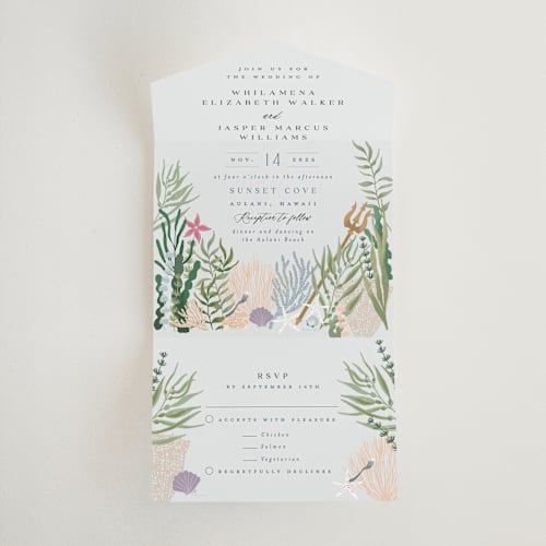 This is a sea all in one wedding invitations with standard by Alethea and Ruth called part of your world from disney's little mermaid printing on strathmore in all-in-one