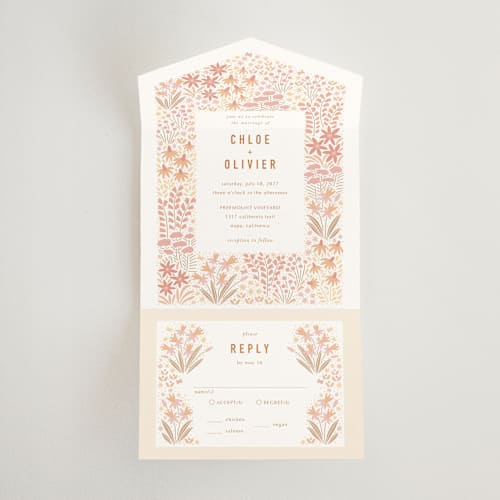 This is a peach all in one wedding invitations with standard by Pippa Shaw called floral border printing on strathmore in all-in-one