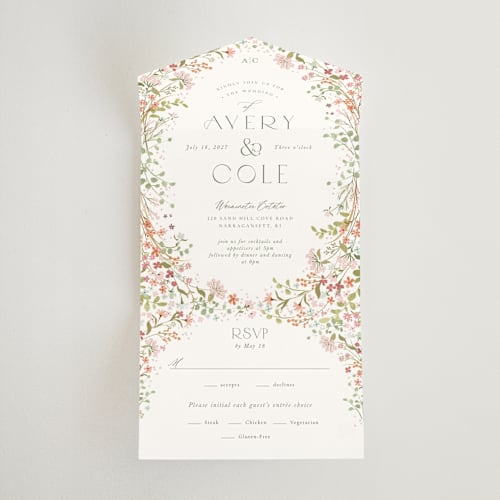 This is a peony all in one wedding invitations with standard by Jennifer Wick called avery printing on strathmore in all-in-one