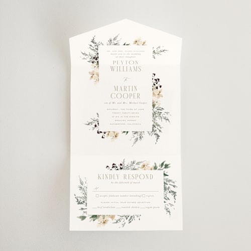 This is a pearl all in one wedding invitations with standard by Leah Bisch called sprigs of joy printing on strathmore in all-in-one