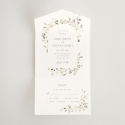 This is a garden all in one wedding invitations with standard by Itsy Belle Studio called aster printing on strathmore in all-in-one