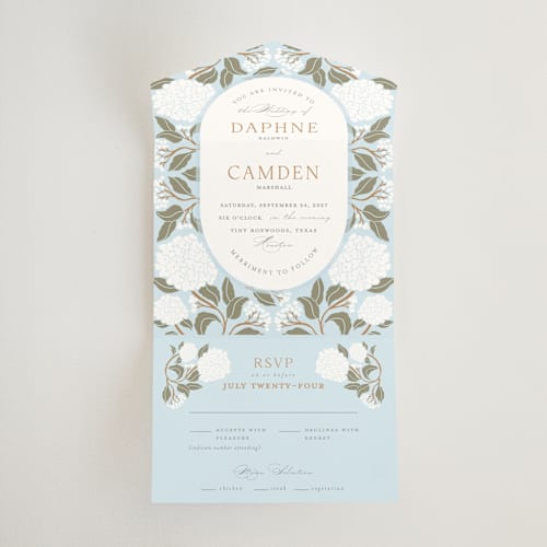 This is a sky all in one wedding invitations with standard by Susan Zinader called hydrangea garden printing on strathmore in all-in-one