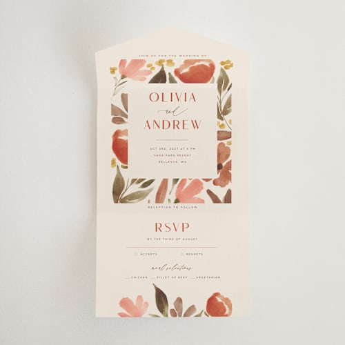 This is a saffron all in one wedding invitations with standard by Vera Lim called giardino printing on strathmore in all-in-one
