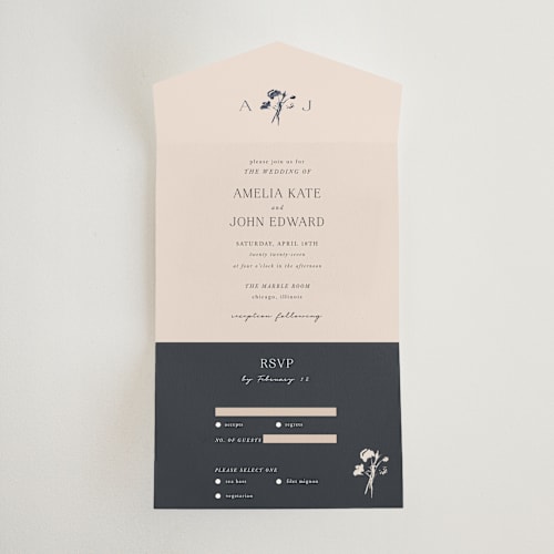 This is a champagne all in one wedding invitations with standard by Lindsay Megahed called floral monogram printing on strathmore in all-in-one