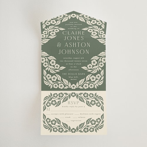 This is a eucalyptus all in one wedding invitations with standard by Katharine Watson called floral diamond printing on strathmore in all-in-one