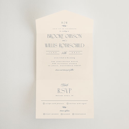 This is a ecru all in one wedding invitations with standard by Erica Krystek called arched monogram printing on strathmore in all-in-one