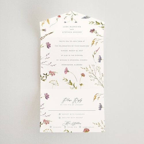 This is a sherbert all in one wedding invitations with standard by Erin Hodges called untied printing on strathmore in all-in-one