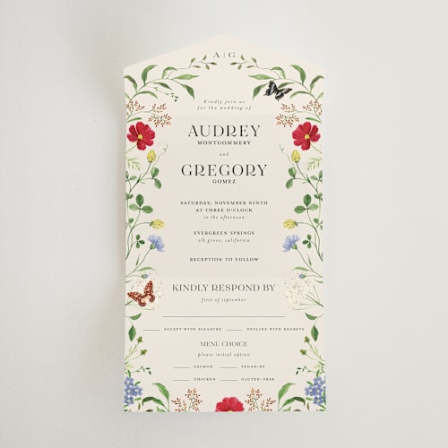 This is a elder flower all in one wedding invitations with standard by Sarah Knight called wild meadow printing on strathmore in all-in-one