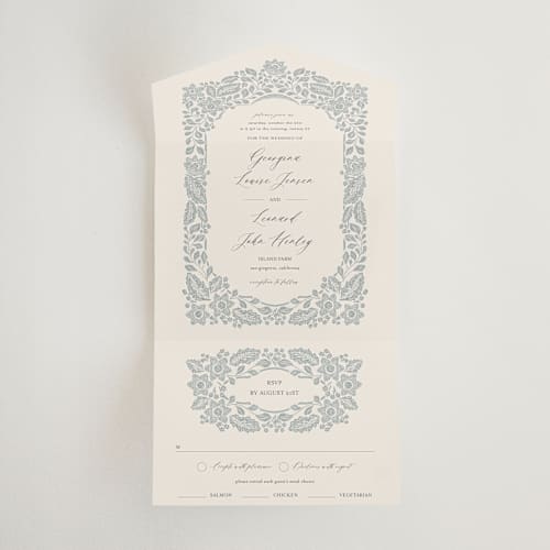 This is a dusty blue all in one wedding invitations with standard by Jen Owens called embroidered printing on strathmore in all-in-one