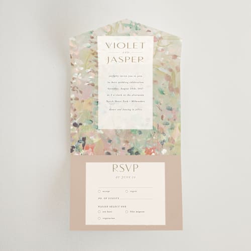 This is a daffodil all in one wedding invitations with standard by Lindsay Megahed called english garden printing on strathmore in all-in-one