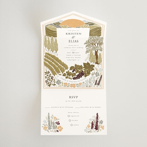 This is a sage all in one wedding invitations with standard by Shiny Penny Studio called valley of the moon printing on strathmore in all-in-one