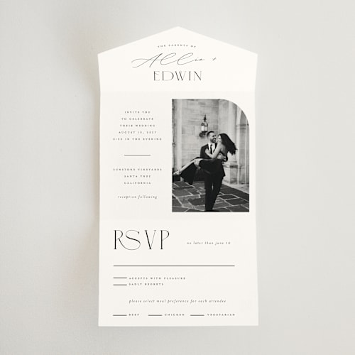 This is a pearl all in one wedding invitations with standard by Christie Garcia called everly printing on strathmore in all-in-one