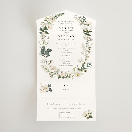 This is a opal all in one wedding invitations with standard by Susan Moyal called lilac bloom printing on strathmore in all-in-one