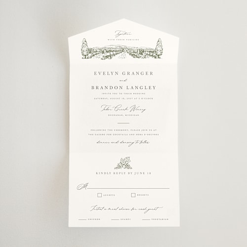 This is a olive all in one wedding invitations with standard by Sarah Brown called vineyard printing on strathmore in all-in-one