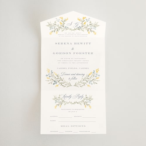 This is a spring all in one wedding invitations with standard by Petra Kern called monogrammed printing on strathmore in all-in-one