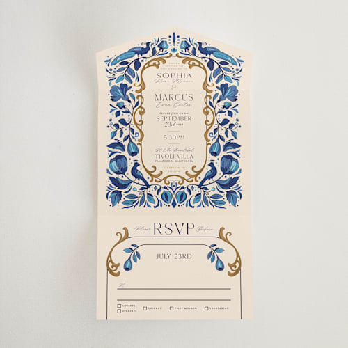 This is a cerulean all in one wedding invitations with standard by GeekInk Design called gilded printing on strathmore in all-in-one