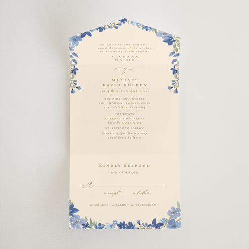 This is a blueberry all in one wedding invitations with standard by Creo Study called nilgiri printing on strathmore in all-in-one