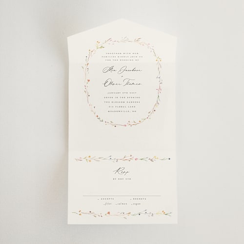 This is a snow all in one wedding invitations with standard by Lori Wemple called delicate florals printing on strathmore in all-in-one