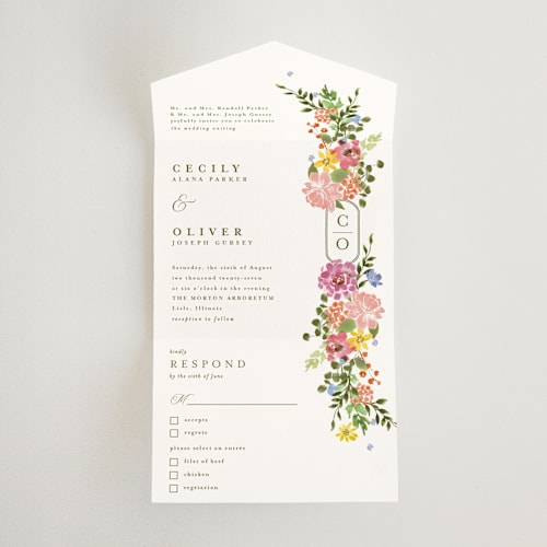 This is a summer all in one wedding invitations with standard by Angela Marzuki called garland monogram printing on strathmore in all-in-one