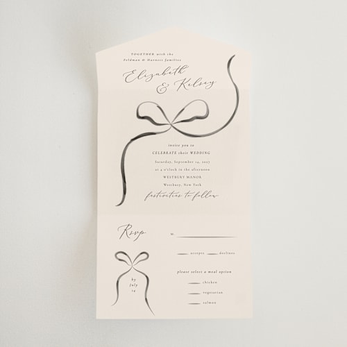 This is a tuxedo all in one wedding invitations with standard by Corinne Malesic called bow printing on strathmore in all-in-one