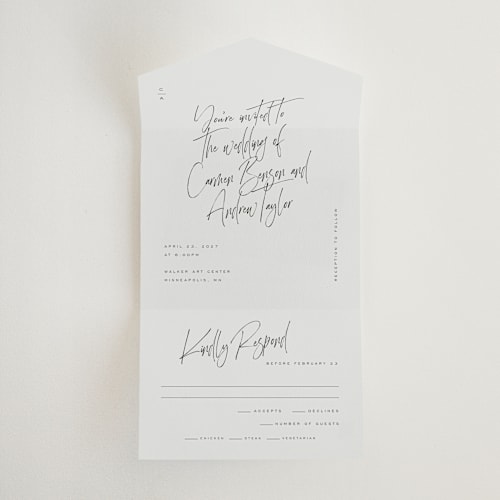 This is a mint all in one wedding invitations with standard by Michelle Taylor called signature script printing on strathmore in all-in-one