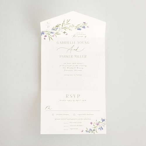 This is a wisteria all in one wedding invitations with standard by Everett Paper Goods called sweeping meadow printing on strathmore in all-in-one