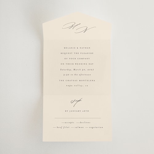 This is a ivory all in one wedding invitations with standard by Angela Thompson called infinite printing on strathmore in all-in-one