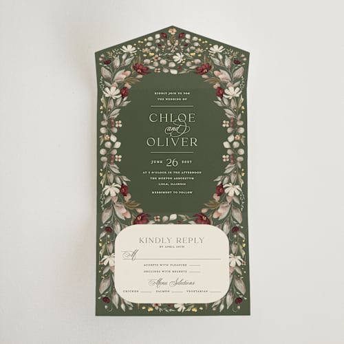 This is a vert all in one wedding invitations with standard by Erin Deegan called fleur sauvage printing on strathmore in all-in-one