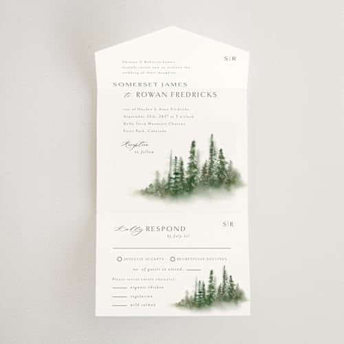 This is a evergreen all in one wedding invitations with standard by Melanie Kosuge called somerset printing on strathmore in all-in-one