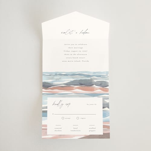 This is a beachy all in one wedding invitations with standard by Pixel and Hank called waves printing on strathmore in all-in-one