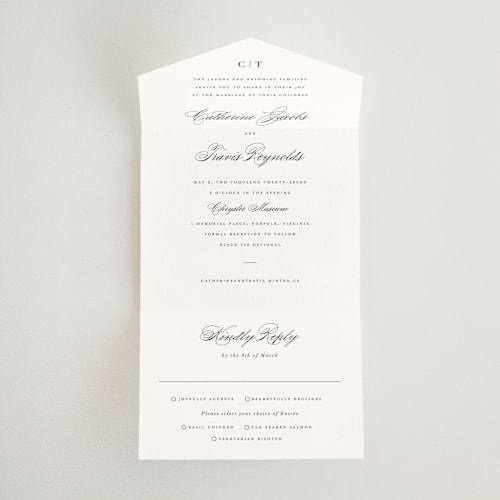 This is a snow all in one wedding invitations with standard by Brandy Folse called classically elegant printing on strathmore in all-in-one