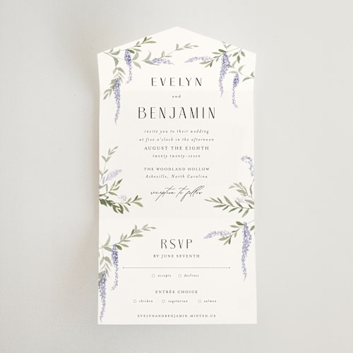 This is a lavender all in one wedding invitations with standard by Design Lotus called enchanted evening printing on strathmore in all-in-one