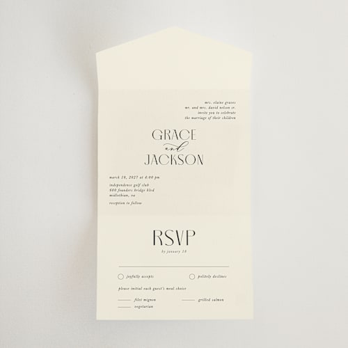 This is a ecru all in one wedding invitations with standard by That Girl Press called commonwealth printing on strathmore in all-in-one