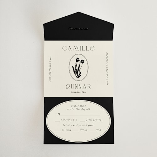 This is a onyx all in one wedding invitations with standard by Alaina Cherup called la graine printing on strathmore in all-in-one