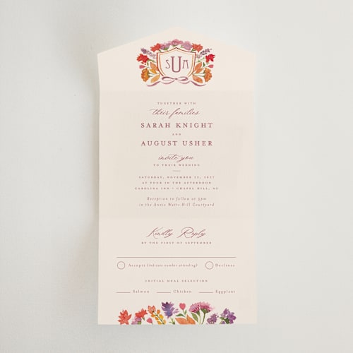 This is a autumn all in one wedding invitations with standard by Pink House Press called crest fall printing on strathmore in all-in-one