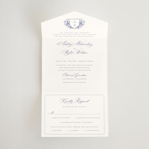 This is a dusty blue all in one wedding invitations with standard by Cass Loh called watercolor flowers crest printing on strathmore in all-in-one